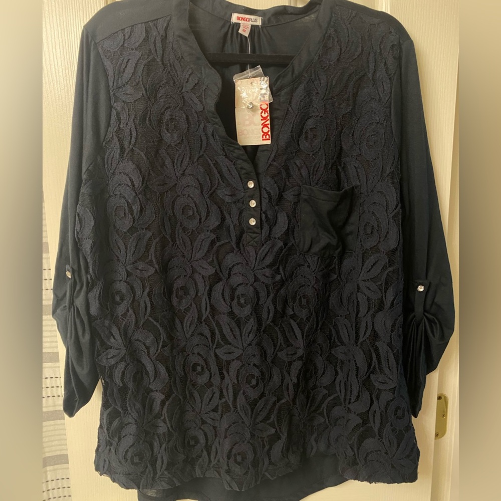 BONGO Plus Black 3xl long sleeve blouse, lace over lay. New W/Tags.